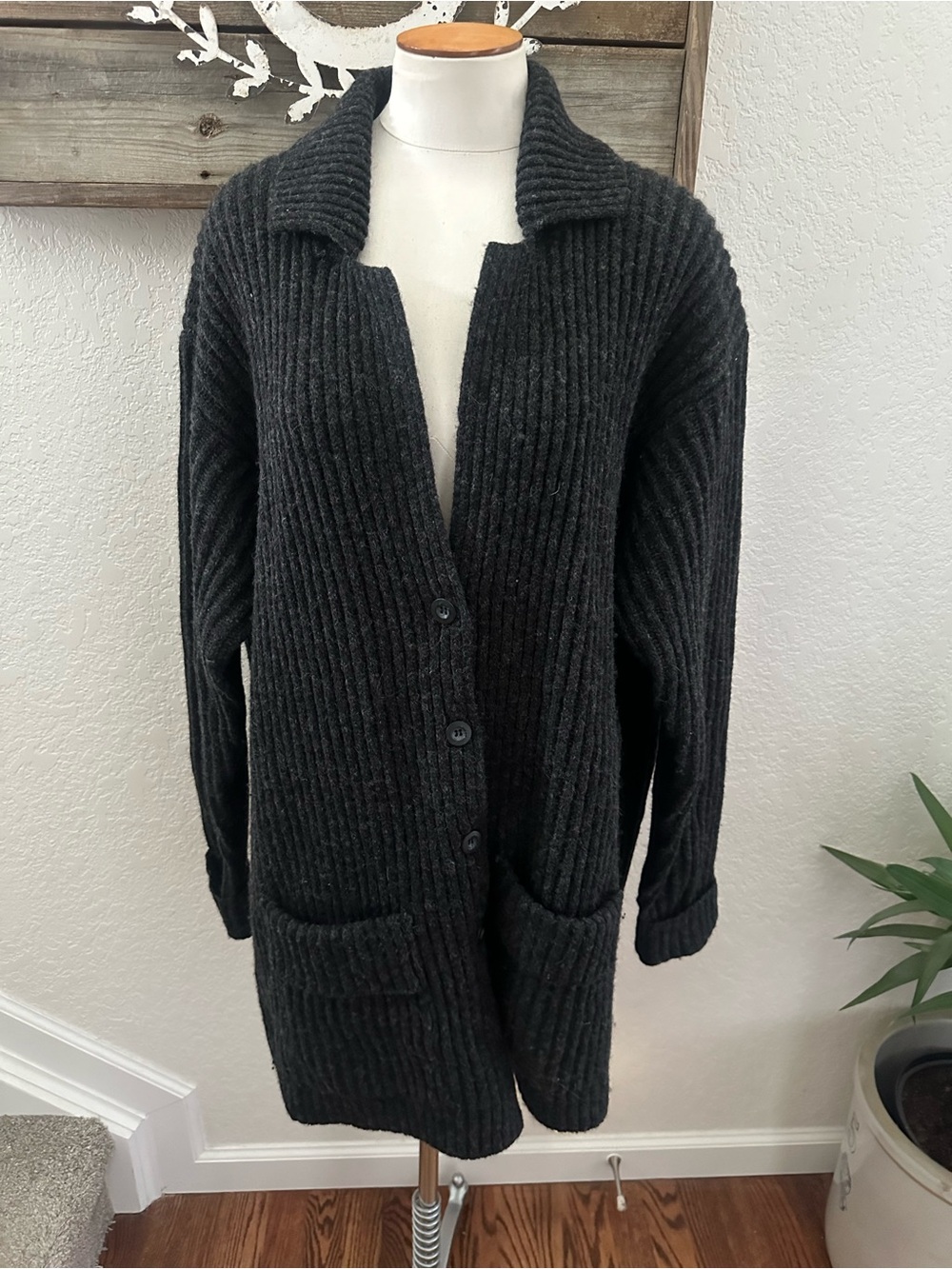 Vintage‎ Eddie Bauer Charcoal Ribbed Open-Front Women's Cardigan Sweater XL Tall